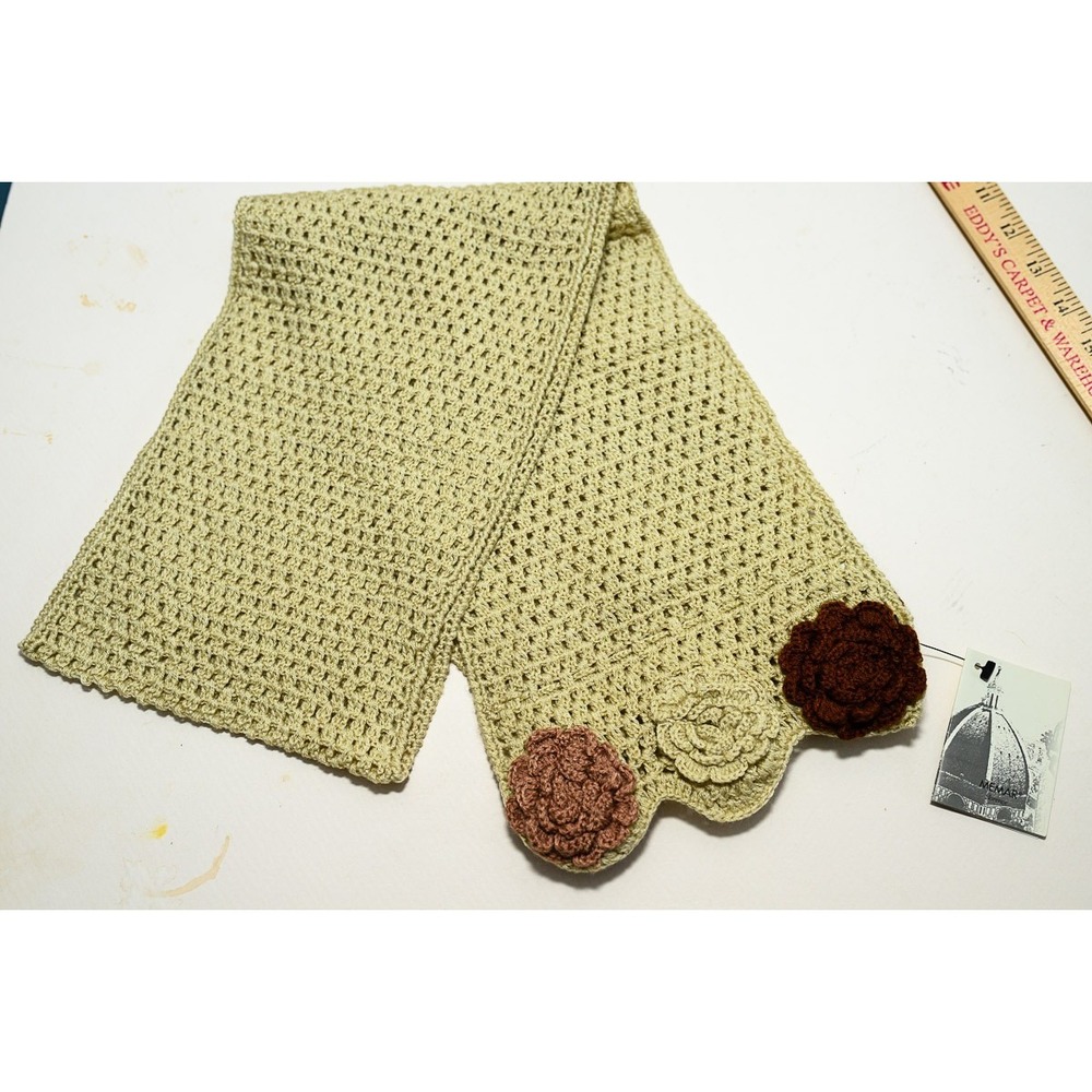 Memar Florence Tan Beige rectangle scarf crochet flower details 7.5" X 50"